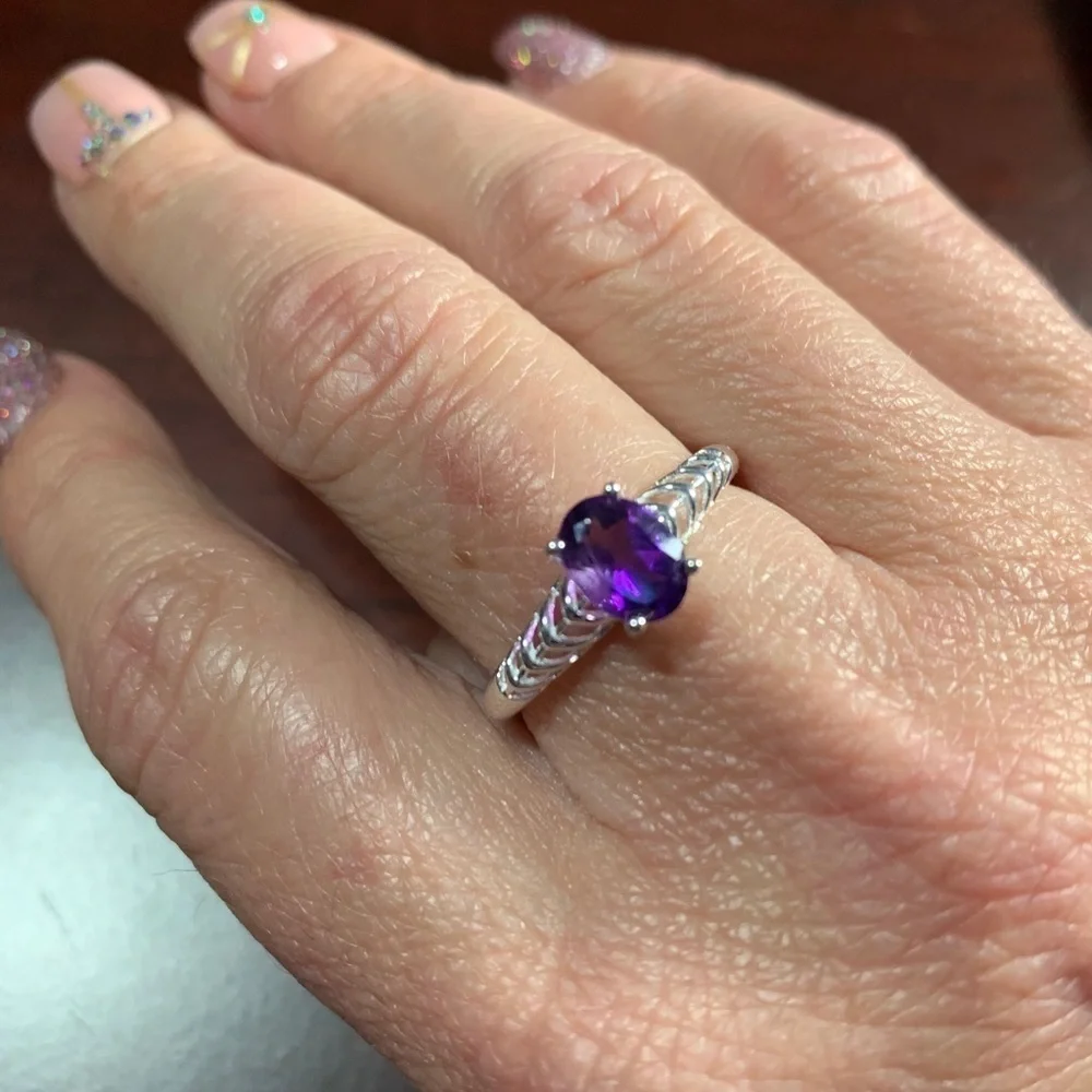 Genuine Amethyst Women’s Silver Platinum Bond Brass Ring Feburary Birthstone
